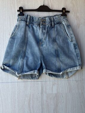 High-Rise Light Blue Denim Paperbag Shorts with Rolled Hem